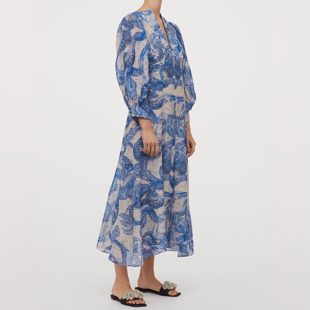 H&M Premium 100% Silk Blue White Maxi Mosaic Pattern Dress XS